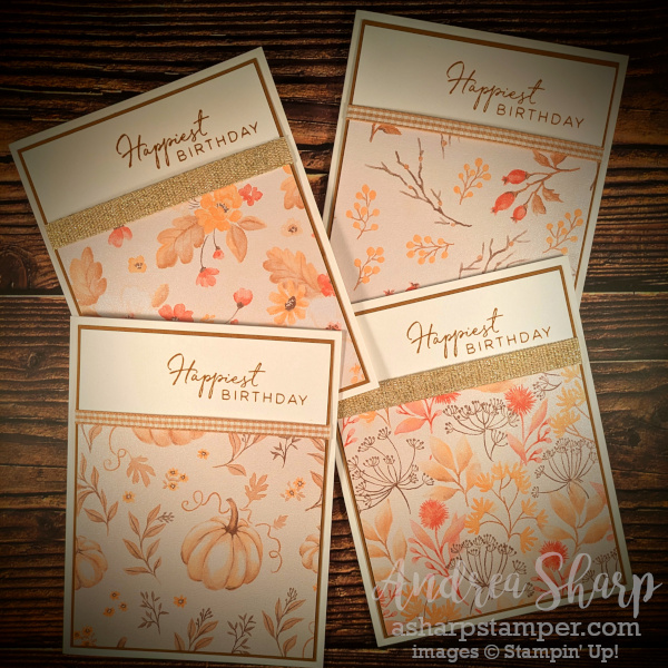Four cards featuring fall patterned paper, ribbon and the stamped greeting "Happiest Birthday".